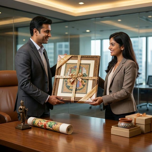 Indian professionals exchanging a framed art gift in corporate office